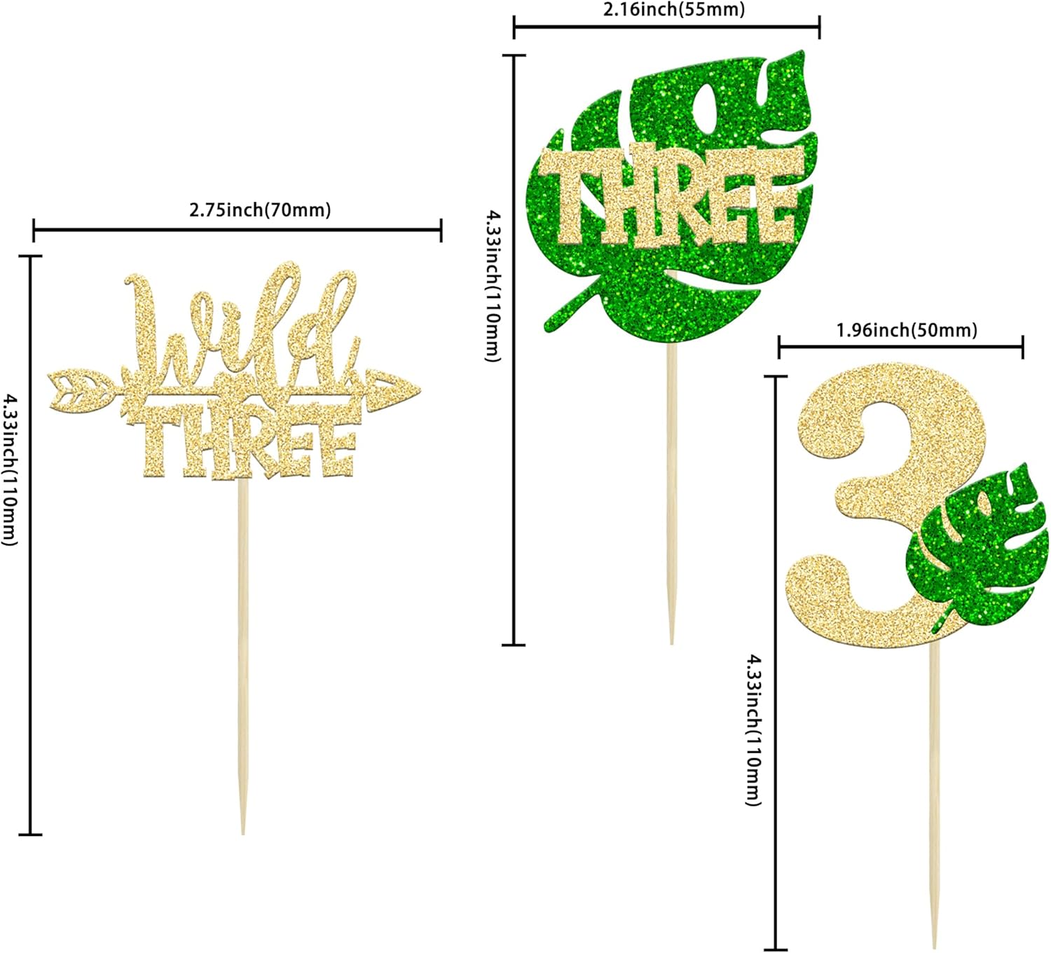 Paquete de 24 adornos para cupcakes de hojas de Monstera con purpurina de safari en la selva, tres púas para cupcakes número 3, decoración de