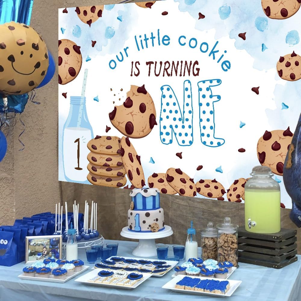 Our Little Cookie is Turning One, fondo de fiesta de primer cumpleaños, color azul y blanco, decoración de primer cumpleaños, 71 x 47 pulgadas