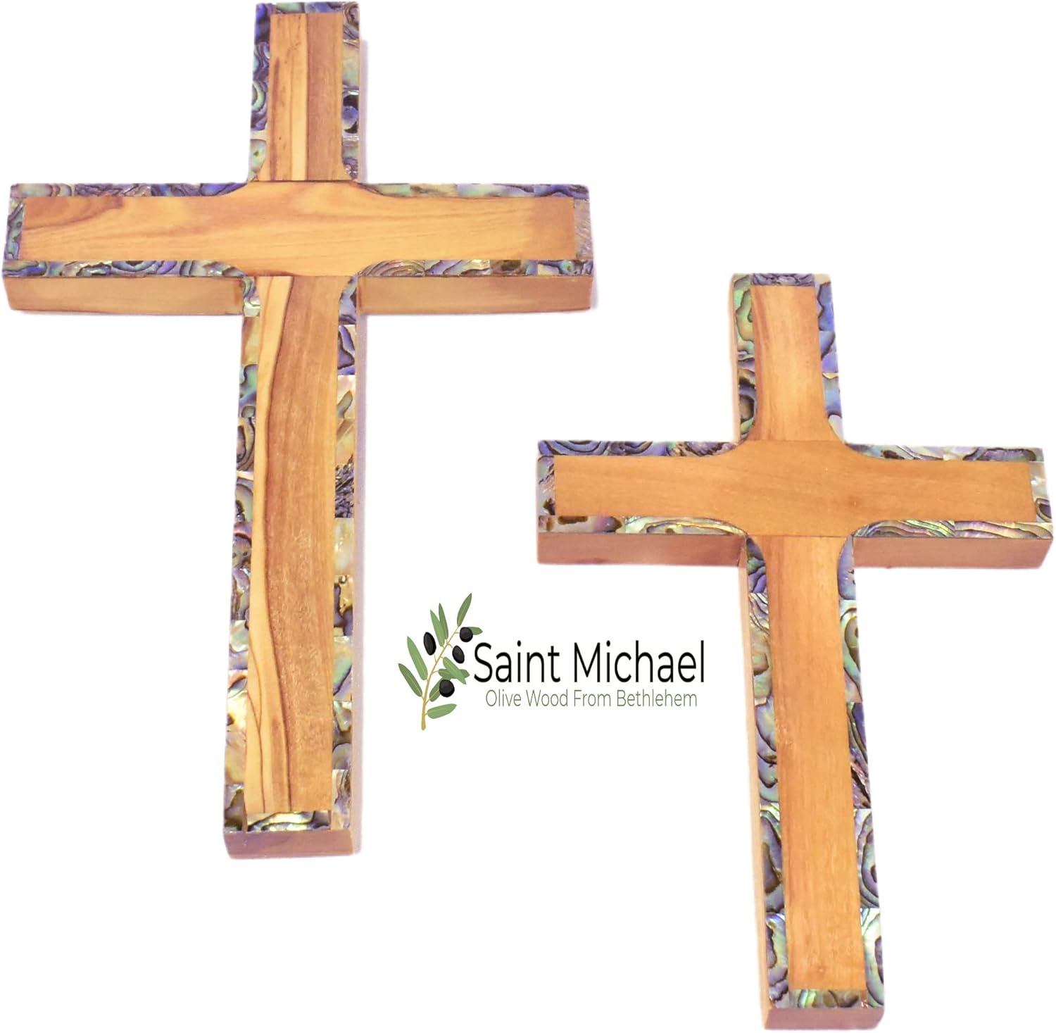 SAINT MICHAEL OLIVE WOOD FROM BETHLEHEM Cruz de pared de madera de olivo de 6 pulgadas con diseño de nácar, cruces de tierra santa de Belén