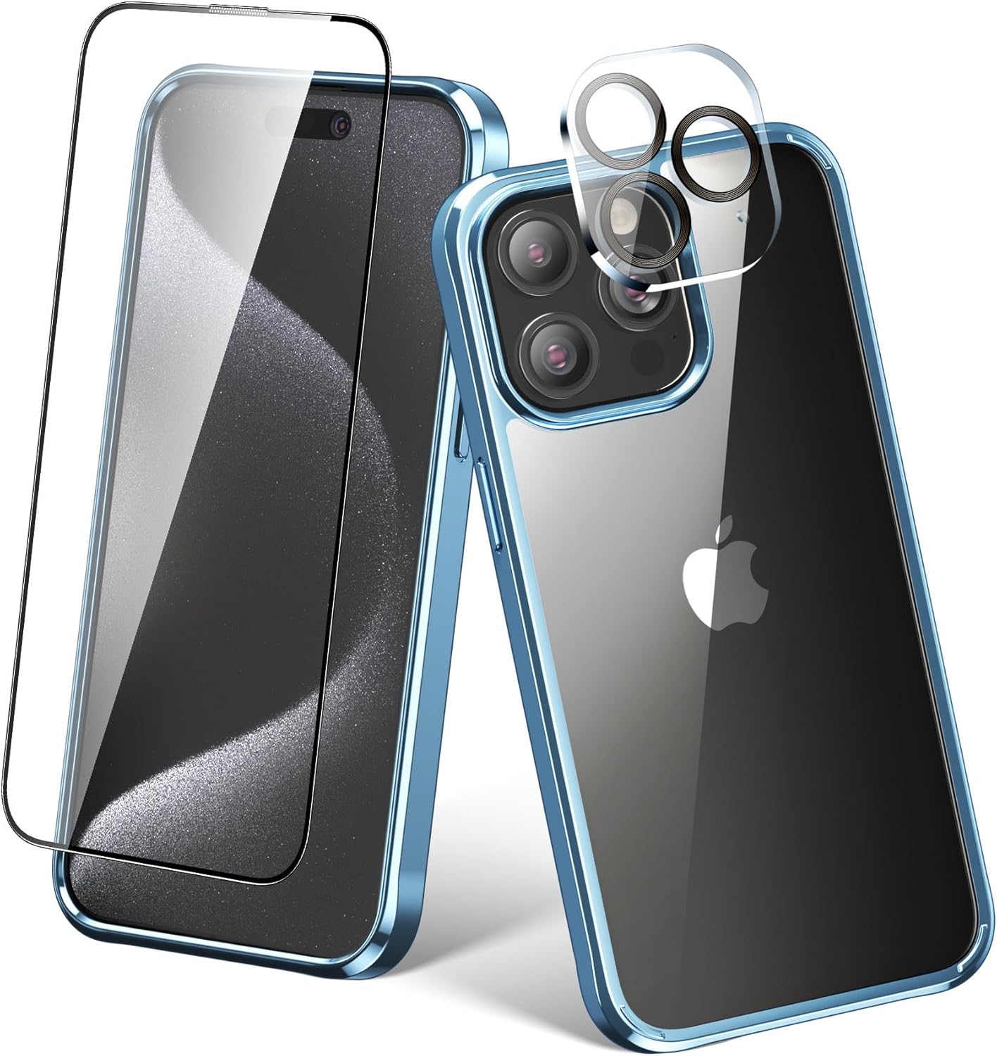 Foluu Funda ultradelgada para iPhone 15 Pro Max 2023 con protector de pantalla de vidrio templado y protector de lente de cámara, chapado duro