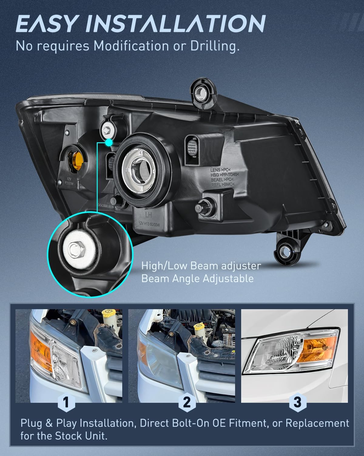 Nilight Conjunto de faros delanteros para Dodge Grand Caravan 2008, 2009, 2010, repuesto para faros delanteros cromados, reflector ámbar, lado del