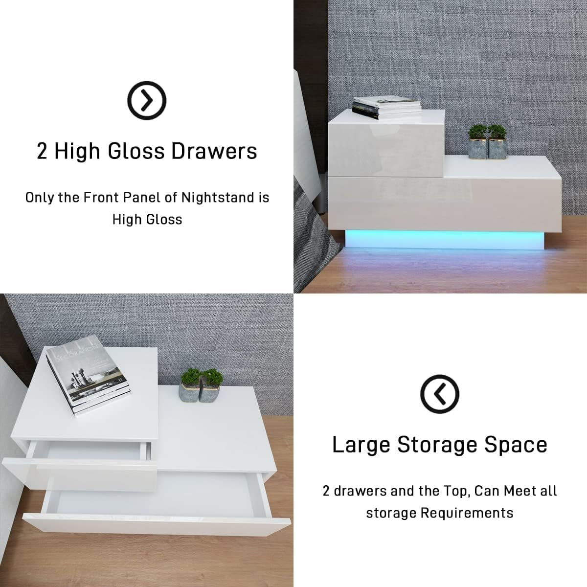 HOMMPA Mesita de noche LED pequeña, moderna mesa de noche blanca de alto brillo con 2 cajones, mesita de noche con luz LED, mesa auxiliar con