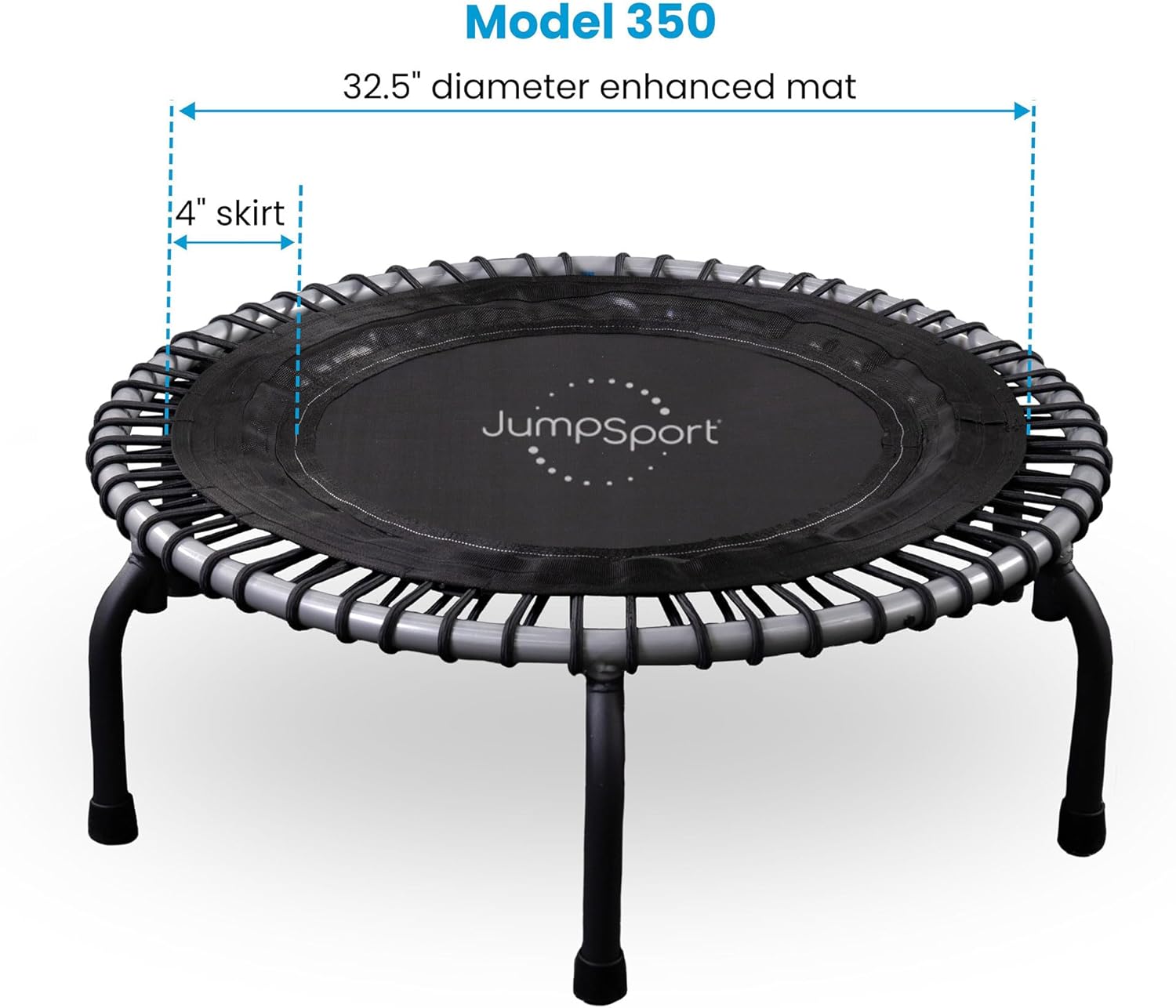 JumpSport Trampolín de fitness para interiores 350350f370, 39 pulgadas  30 cuerdas elásticas ajustables para un rebote personalizado  Patas