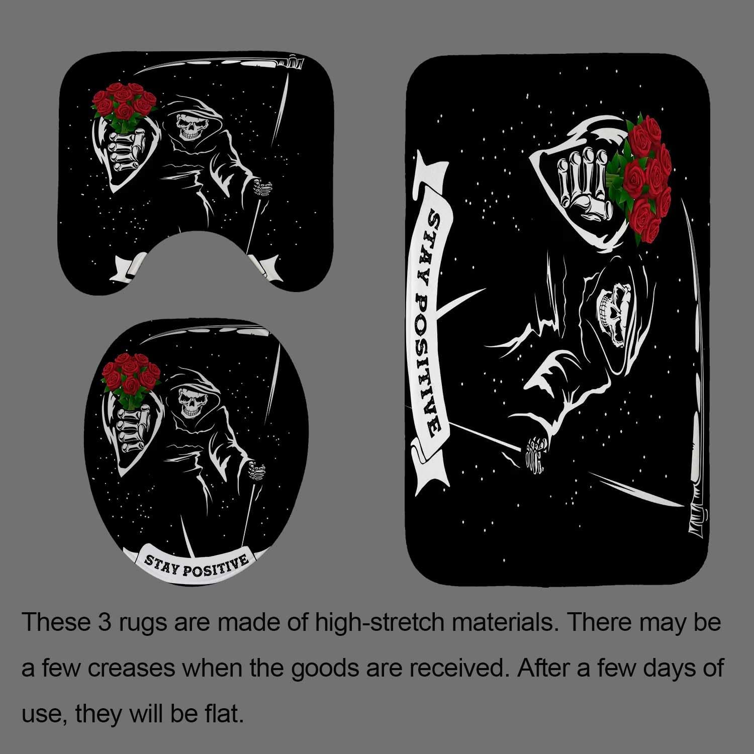 Jayden Madge – Juego de 4 cortinas de ducha con diseño de calavera, citas positivas, esqueleto de la muerte en blanco y negro, ramo de rosas rojas,