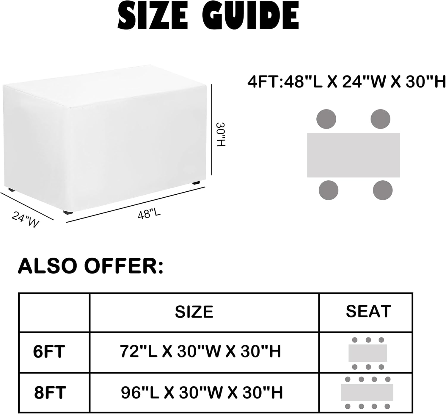 Paquete de 2 manteles de color blanco ajustables de 48 x 24 pulgadas, manteles rectangulares para mesa de 4 pies en poliéster lavable, mantel de 4