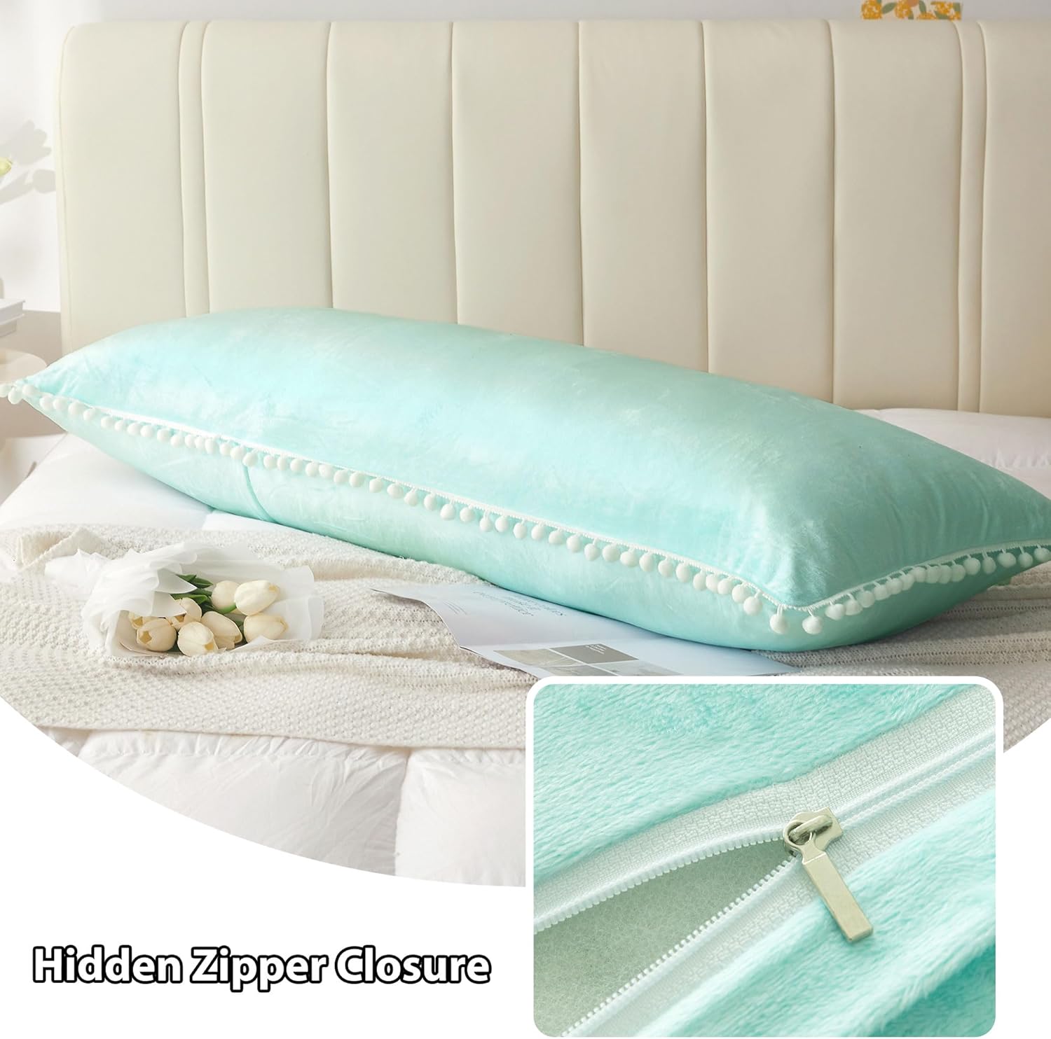 LIFEREVO Funda de almohada corporal de terciopelo con pompones, funda de almohada larga y mullida de 20 x 54 pulgadas, funda de almohada de