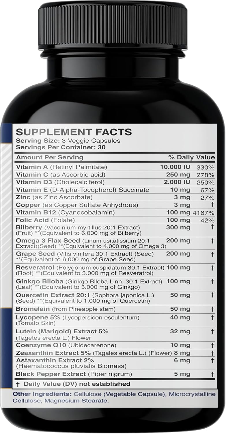 Suplementos de luteína y zeaxantina – Vitaminas para la salud ocular – Astaxantina, Omega 3, resveratrol, arándano, licopeno, quercetina, ginkgo
