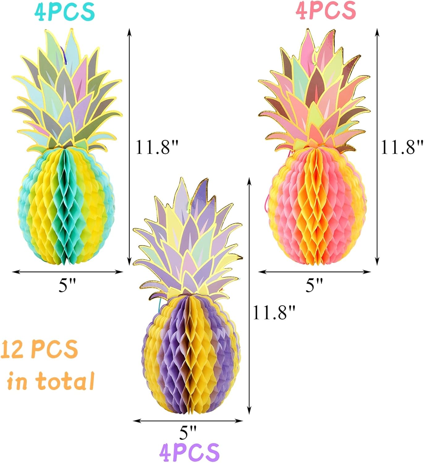 Paquete de 12 centros de mesa de fiesta de piña, decoración colgante de panal de piña tropical, decoraciones de mesa hawaianas para fiesta Luau y