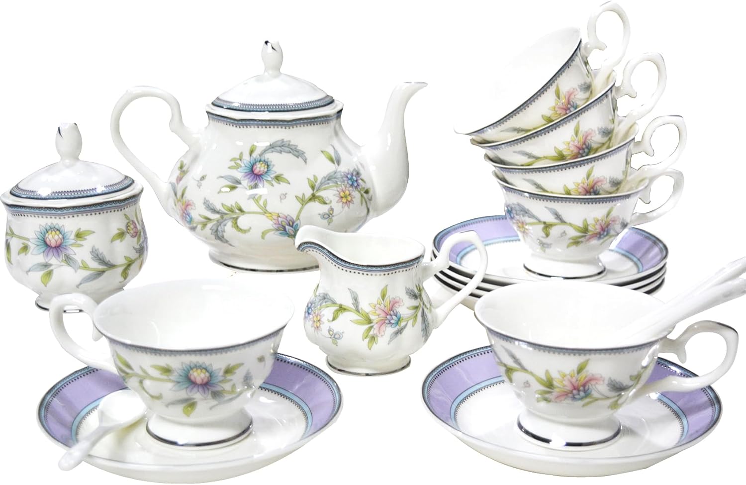 Juego de té de porcelana de hueso, juego de té de porcelana de 21 piezas para adultos, tazas de té y platillos para 6, con tetera, cucharas,