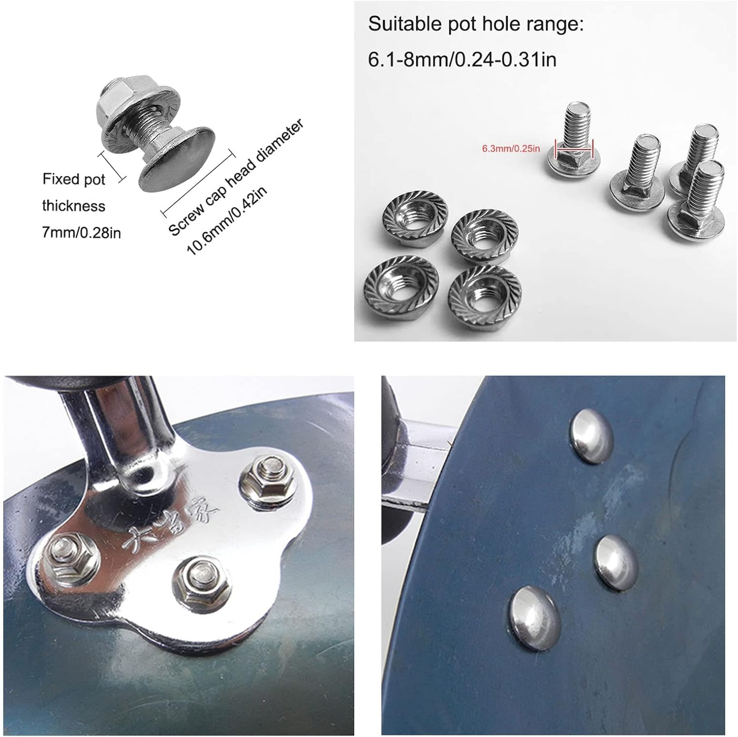 NentMent Paquete de 4 tornillos de mango de olla SaucePan Grip Tornillo de montaje M6x16mm reparación de bloqueo de fijación de repuesto para ollas