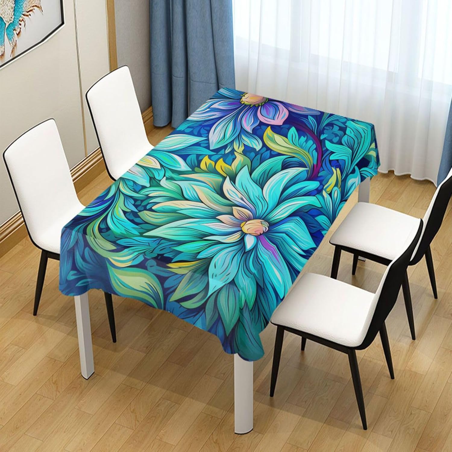 ZOEO Mantel rectangular con estampado de flores Bohomia color azul, moderno, mantel de cocina y comedor, mantel decorativo lavable para fiestas,