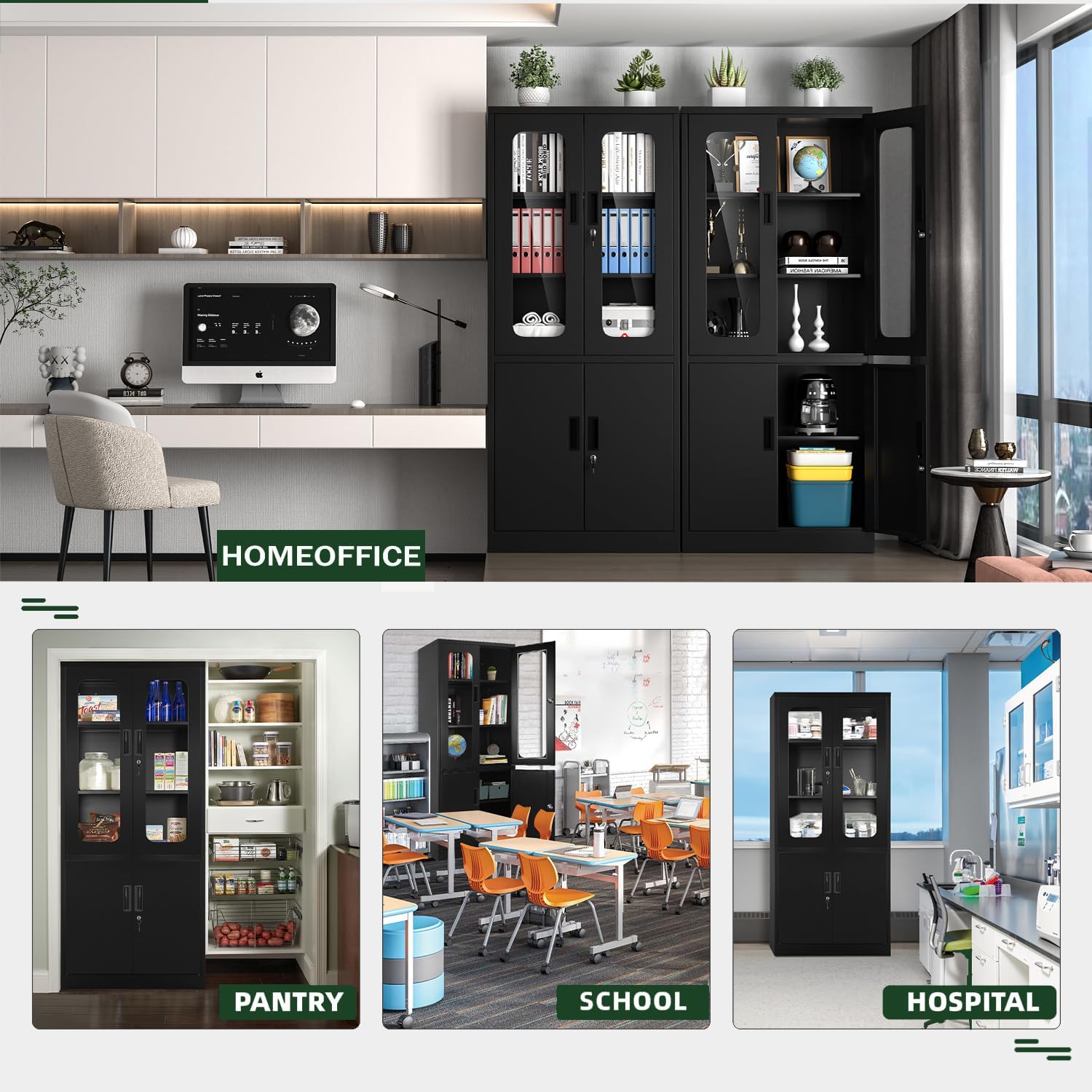 Greenvelly Armario de almacenamiento de metal con 2 puertas y estantes ajustables, armario de acero de 72 pulgadas con puertas de vidrio, gabinete