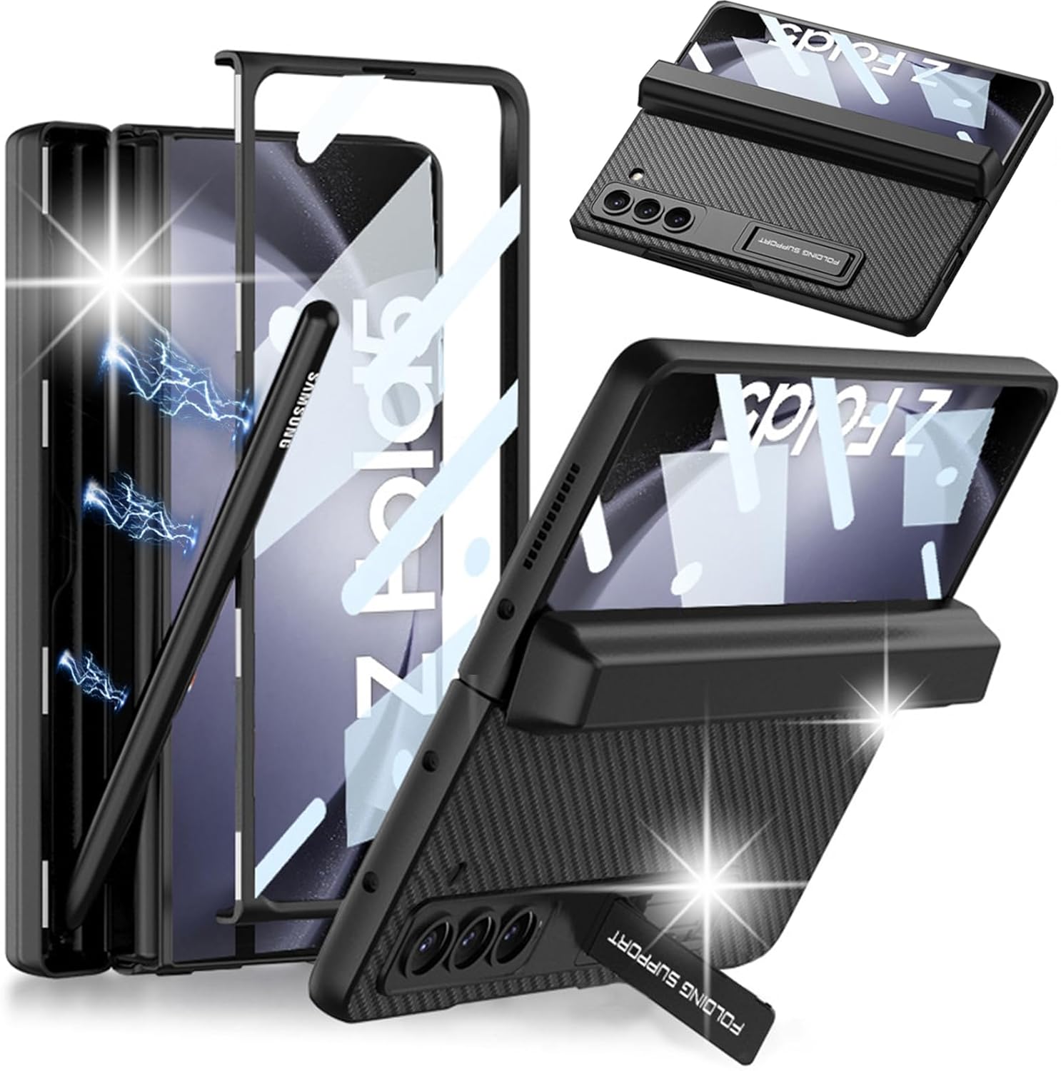 Miimall Funda para Galaxy Z Fold 5, soporte integrado para S Pen + protección magnética de bisagra+protector de pantalla+soporte de protección a