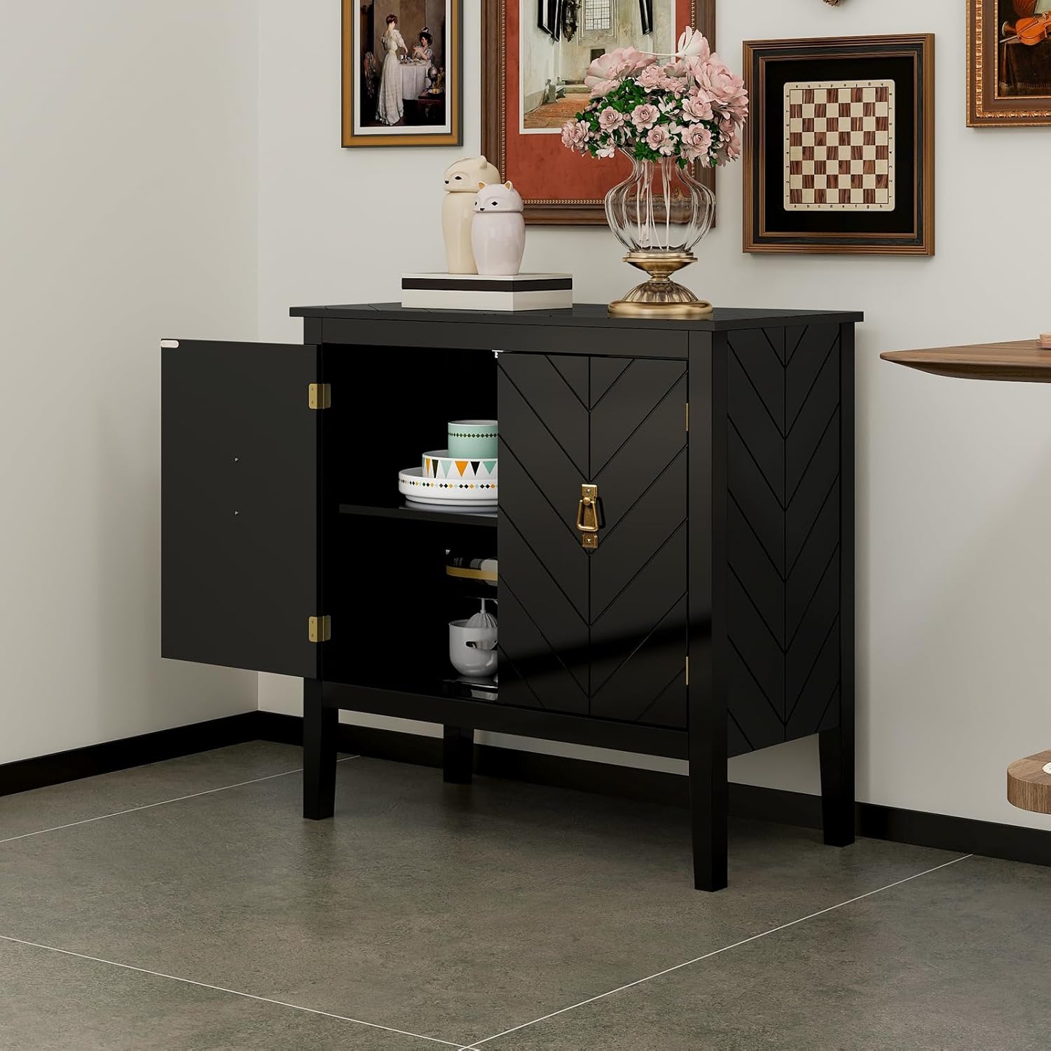 Aparador de ratán de 2 puertas – Armario de buffet con almacenamiento, armario de almacenamiento de acento, creenza de madera bohemia para sala de