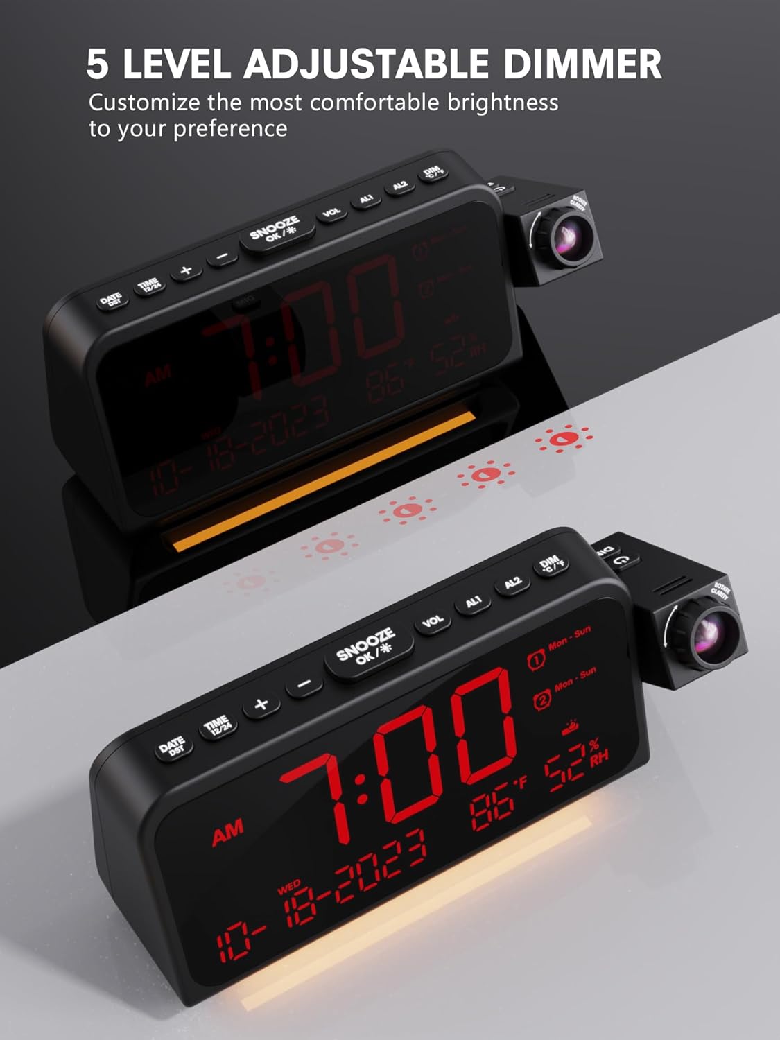Reloj despertador de proyección con luz nocturna, fecha, temperatura, pantalla de humedad, proyector de reloj digital en la pared del techo con