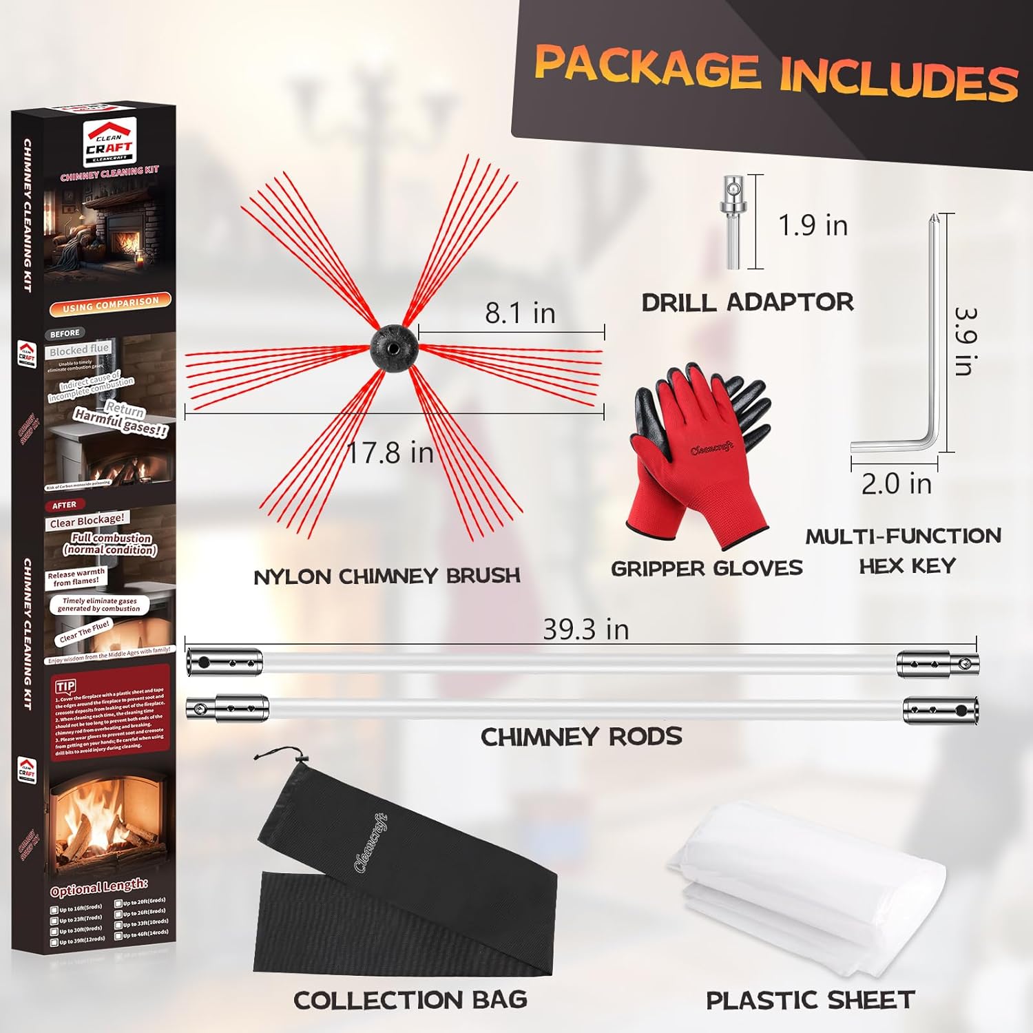 Kit de limpieza de chimenea de 39 pies, limpiador ergonómico de chimenea, sistema de limpieza de chimenea giratorio impulsado por taladro, cepillo