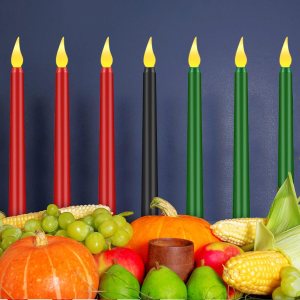 7 velas LED Kwanzaa Mishumaa Saba verde, rojo y negro, velas cónicas para decoración de iglesia 7 velas LED Kwanzaa Mishumaa Saba verde, rojo y negro, velas cónicas para decoración de iglesia