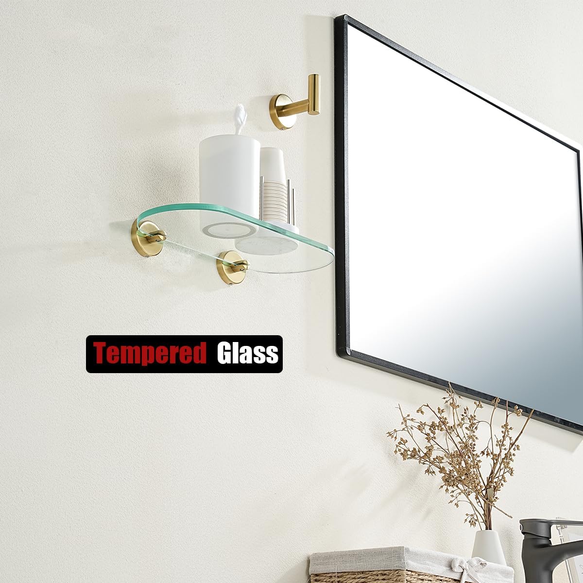 JQK Estante de vidrio para baño dorado, almacenamiento de ducha de vidrio templado de 12 x 5 pulgadas, montaje de pared dorado cepillado de acero