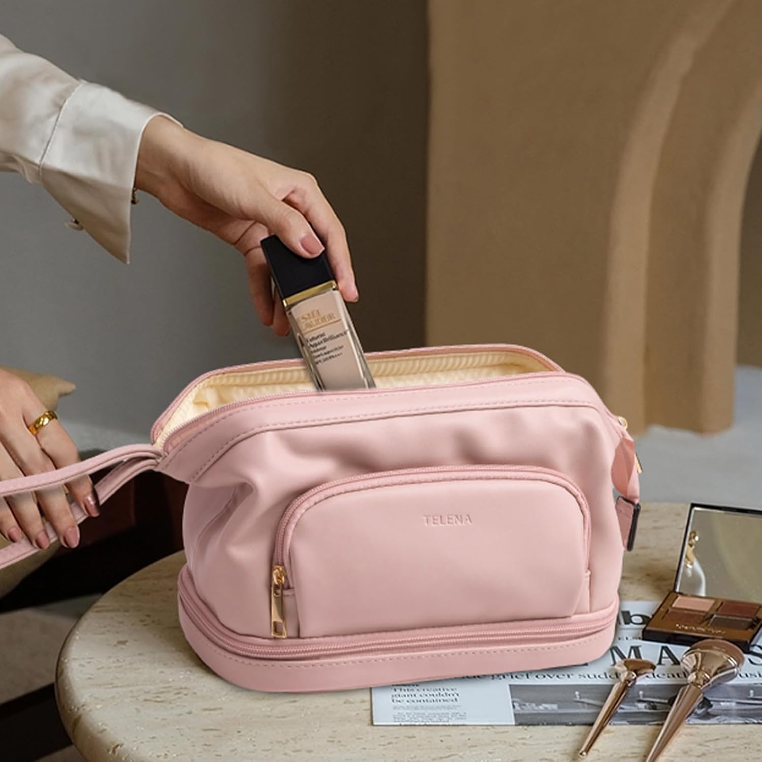 Telena Bolsa de maquillaje de gran capacidad, bolsas de cosméticos de viaje de doble capa, bolsa de maquillaje portátil de cuero para mujeres