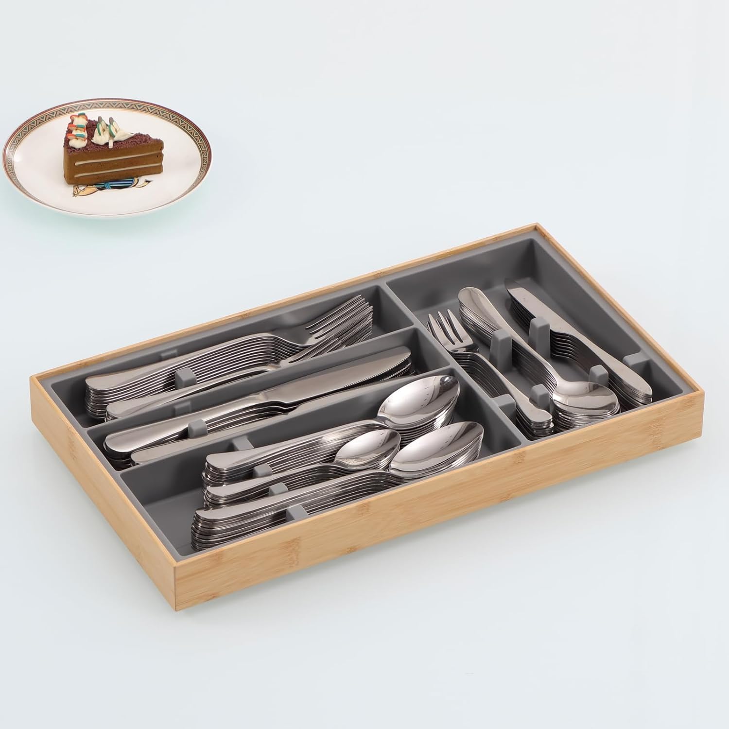 Hitseon Organizador de cajones de cubiertos, organizador de utensilios de bambú natural de silicona con 4 ranuras para encimera de cajones de