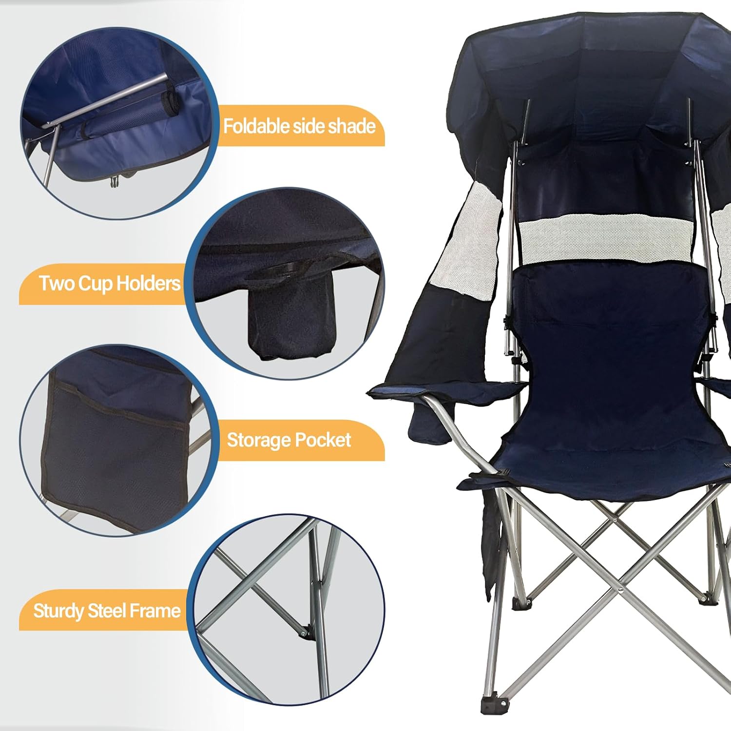 BDL Silla de camping con toldo plegable portátil con soporte para tazas, persianas laterales, bolsillo lateral para campamento, playa, pesca,