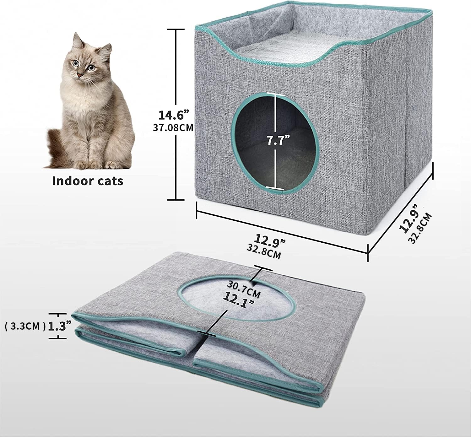 Jongee Cat Cube House – Casa plegable para gatos con cojín reversible y almohadilla para raspar para gatos pequeños de interior, gris, 13 x 13 x 15