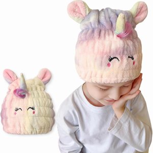 Toalla de microfibra para el pelo para niños, juego de gorro seco de unicornio con bandas elásticas para el cabello, toalla de secado rápido suave y Toalla de microfibra para el pelo para niños, juego de gorro seco de unicornio con bandas elásticas para el cabello, toalla de secado rápido suave y