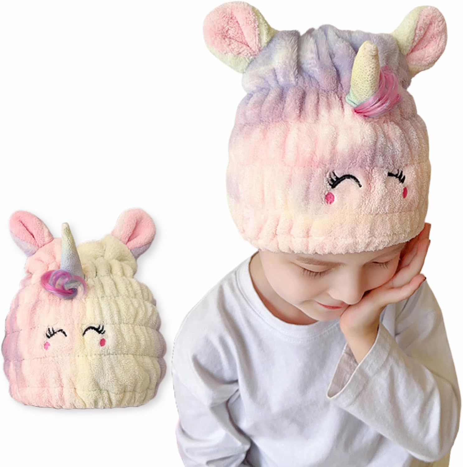 Toalla de microfibra para el pelo para niños, juego de gorro seco de unicornio con bandas elásticas para el cabello, toalla de secado rápido suave y