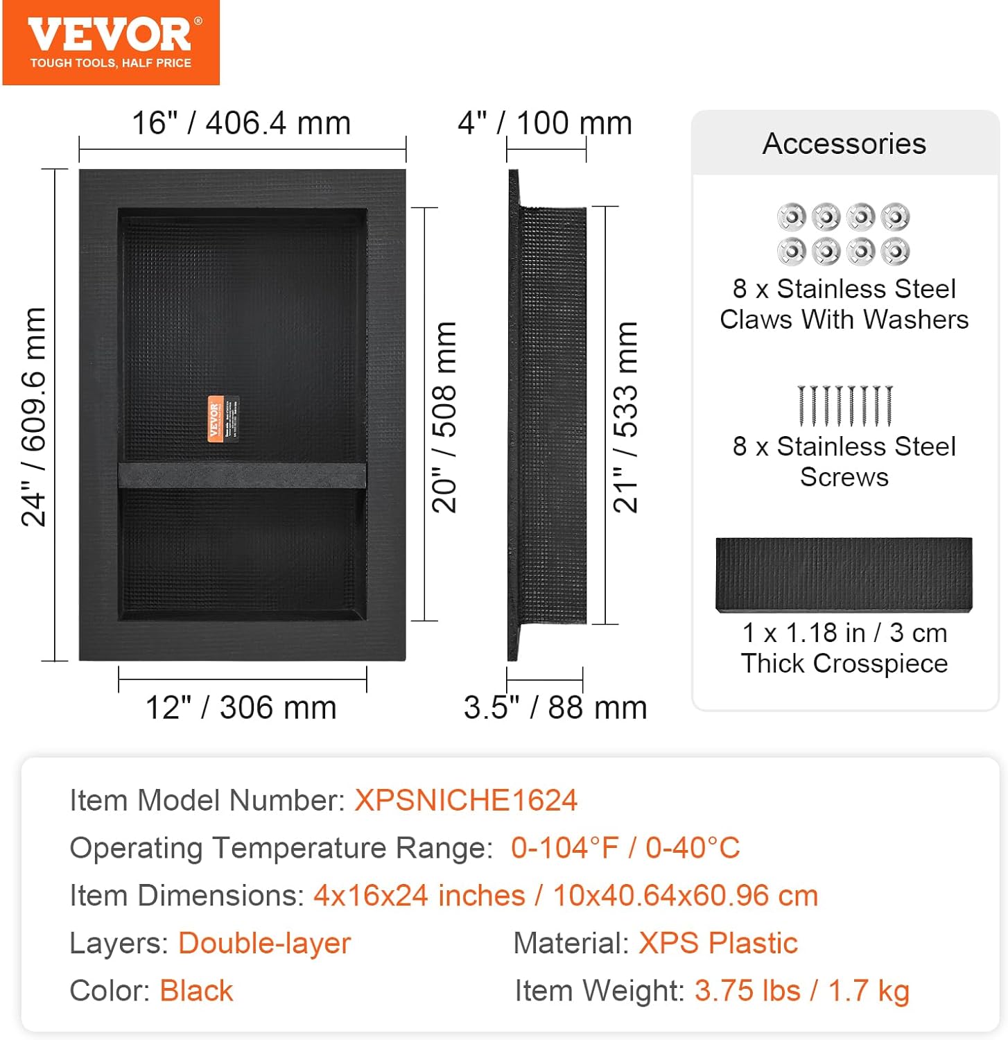 VEVOR Nicho de ducha listo para azulejos de 16 x 24 pulgadas, organizador de doble estante, esquinas cuadradas insertadas en la pared, nicho