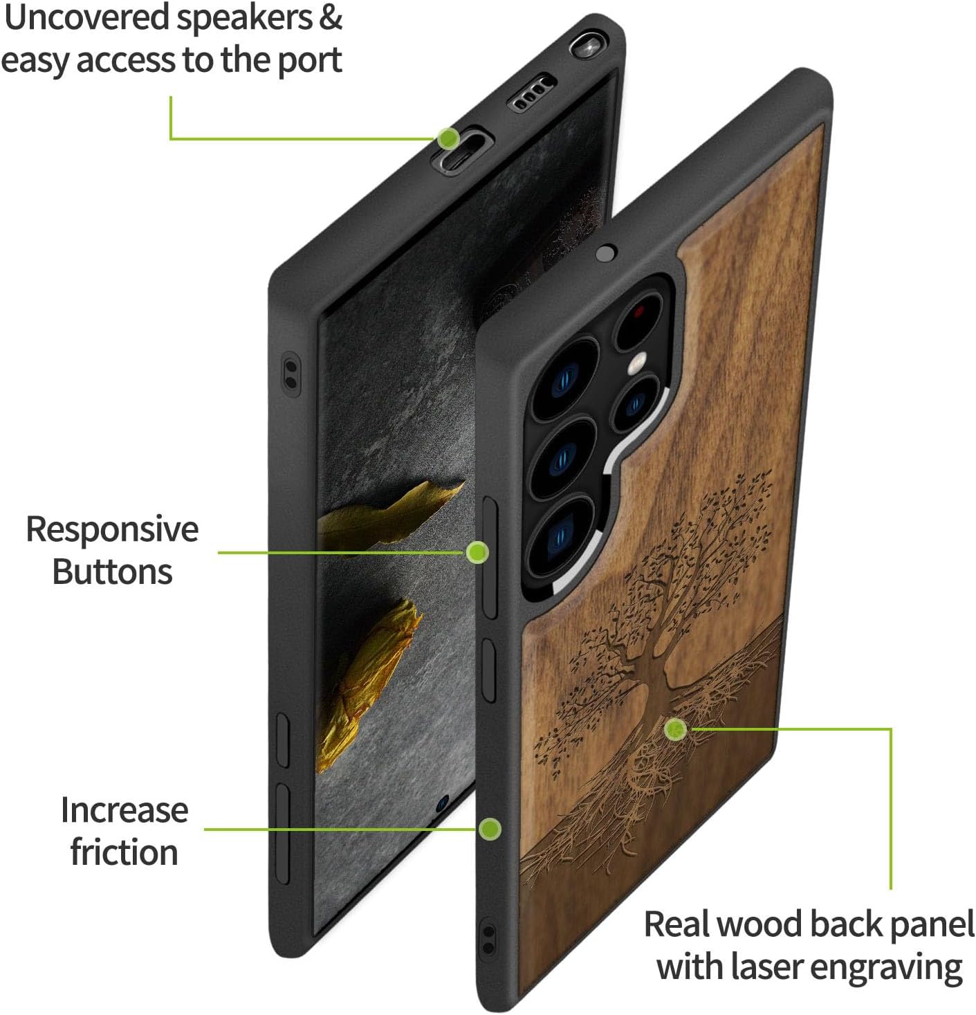 Carveit Funda de madera para Galaxy S22 Ultra 2022 madera natural y TPU suave negro a prueba de golpes, funda de madera única y elegante compatible