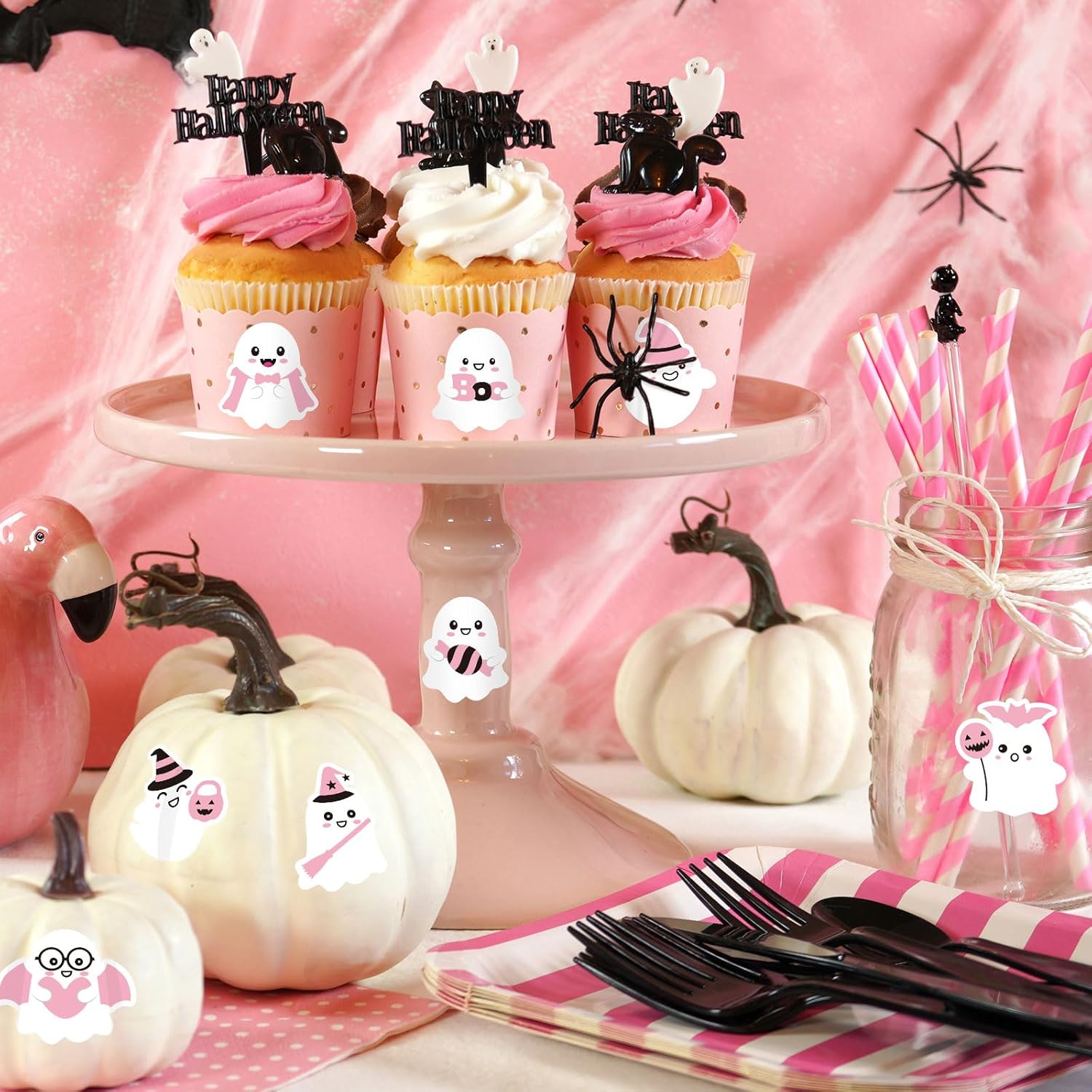 AnyDesign – 1000 calcomanías de Halloween en rollo de fantasma rosa, calcomanías autoadhesivas redondas para manualidades, regalos, bolsas de