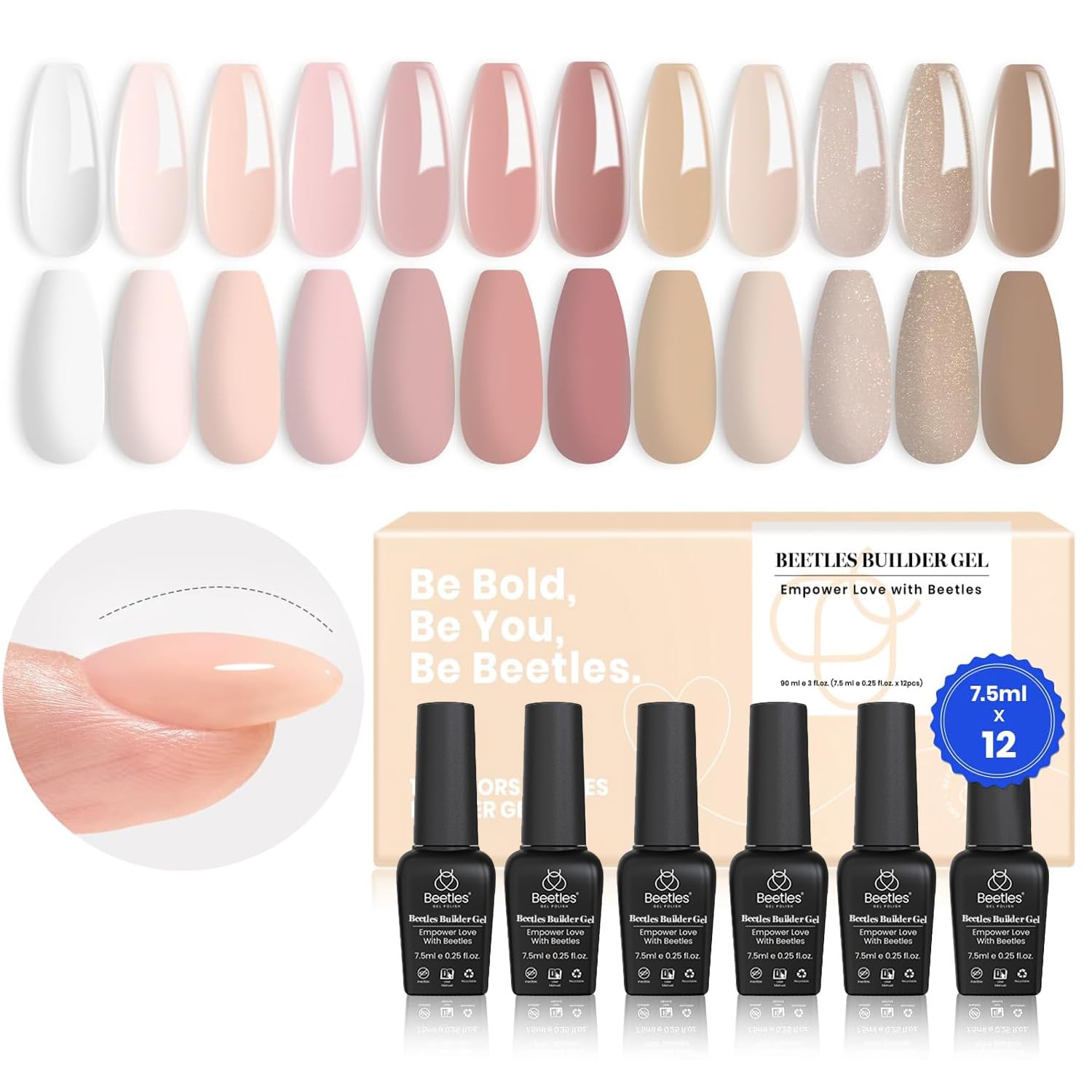 Beetles Builder Gel – 12 unidades, 8 en 1 rosa pastel nude gel constructor para uñas, colores beige y blanco, gel duro, extensión de gel