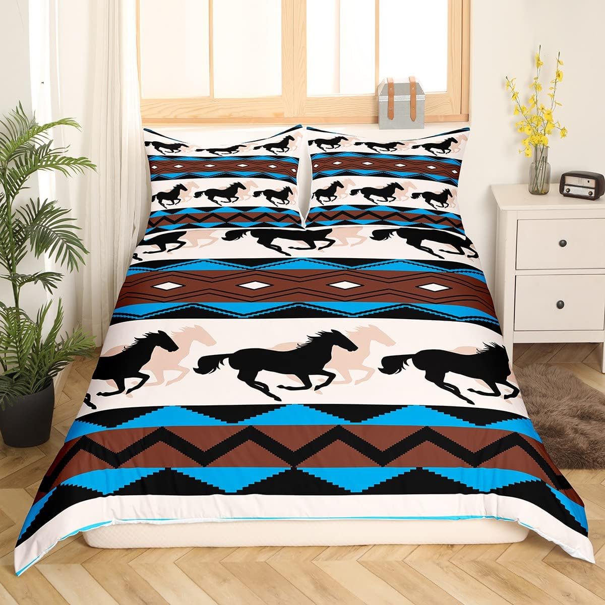 Juego de ropa de cama rústica del oeste, funda de edredón de caballo, vaquera, vaquera, azteca, nativo americano, para niños y niñas, decoración de