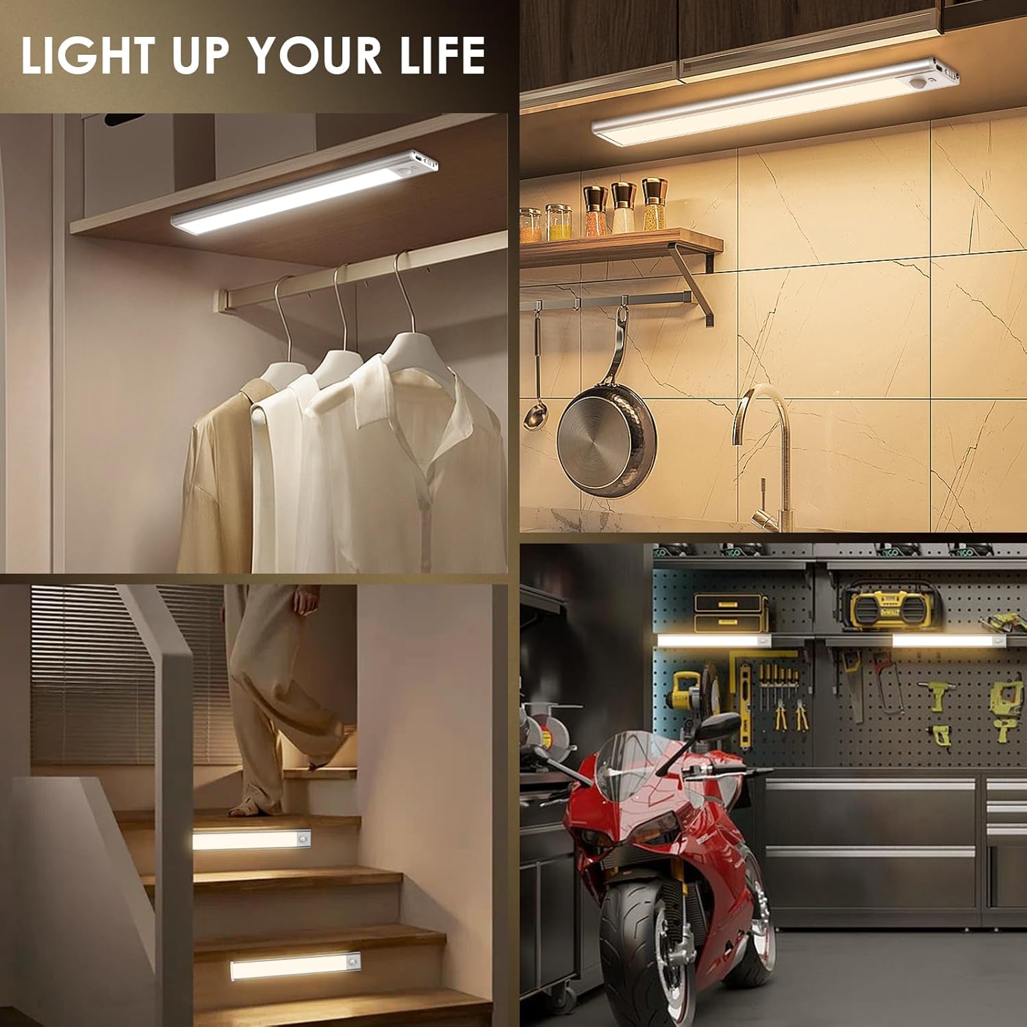 Luces para debajo del gabinete, 72 luces LED con sensor de movimiento para interiores, luces recargables por USB, iluminación inalámbrica de 3