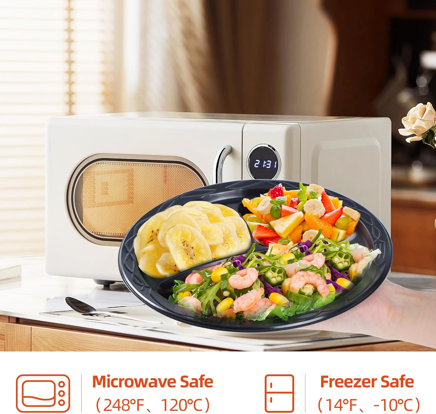 YANGRUI Platos de plástico reutilizables, 10 pulgadas, 3 compartimentos, aptos para microondas, platos desechables de grado alimenticio, platos de
