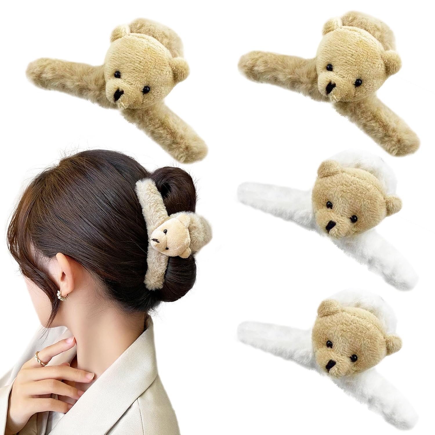 4 pinzas grandes y esponjosas para el pelo de oso de felpa, pinzas de mandíbula gruesas y largas, accesorios para el cabello para mujeres y niñas