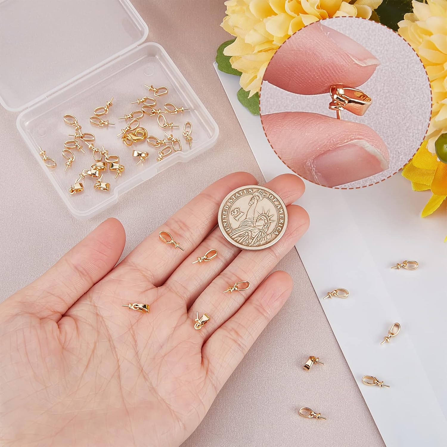 Beebeecraft 1 caja de 40 pines de ojo, colgantes de clavija de latón chapado en oro de 18 quilates, con taza de perlas pequeñas de 0.453 in de largo