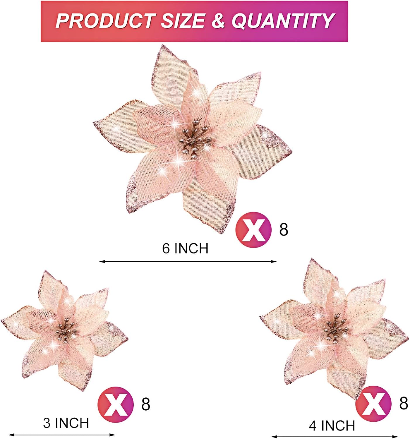 24 piezas de flores de pascua con brillantina para Navidad de 3 tamaños, flores de imitación para bodas, adornos navideños para el árbol de Navidad,