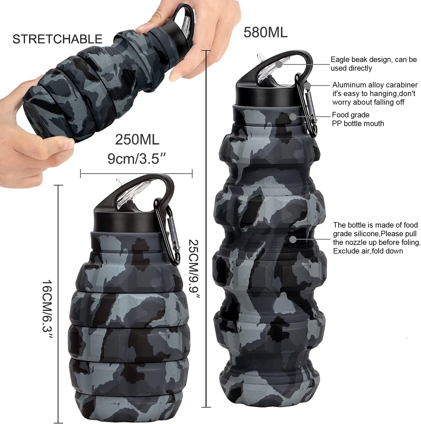 Botella de agua plegable de viaje de 18 onzas, botellas de agua plegables de silicona reutilizables para gimnasio, campamento, senderismo, botella
