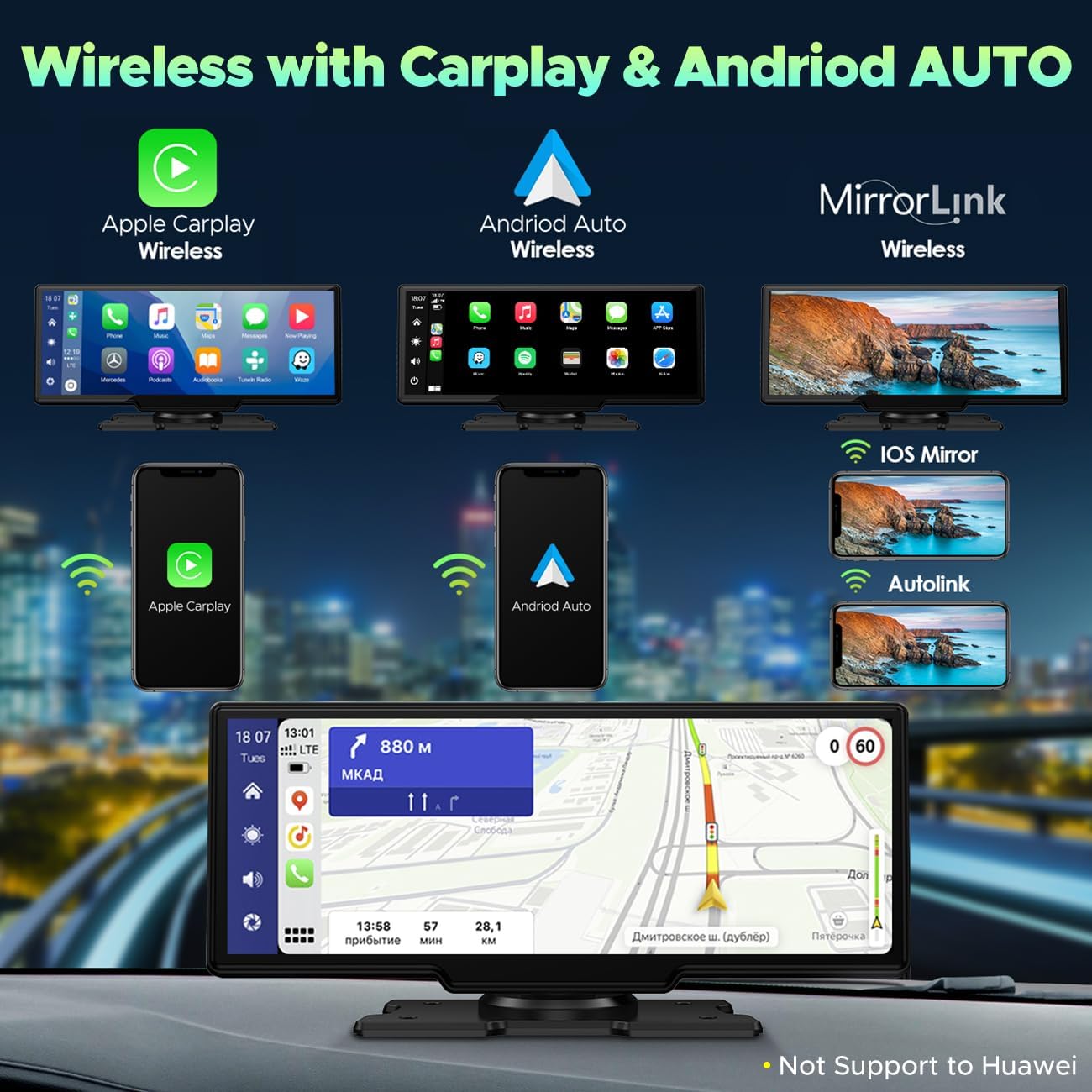 LAMTTO Carplay inalámbrico y Android Auto con cámara frontal de tablero 2K, pantalla táctil portátil de 9.26 pulgadas para automóvil, receptor de