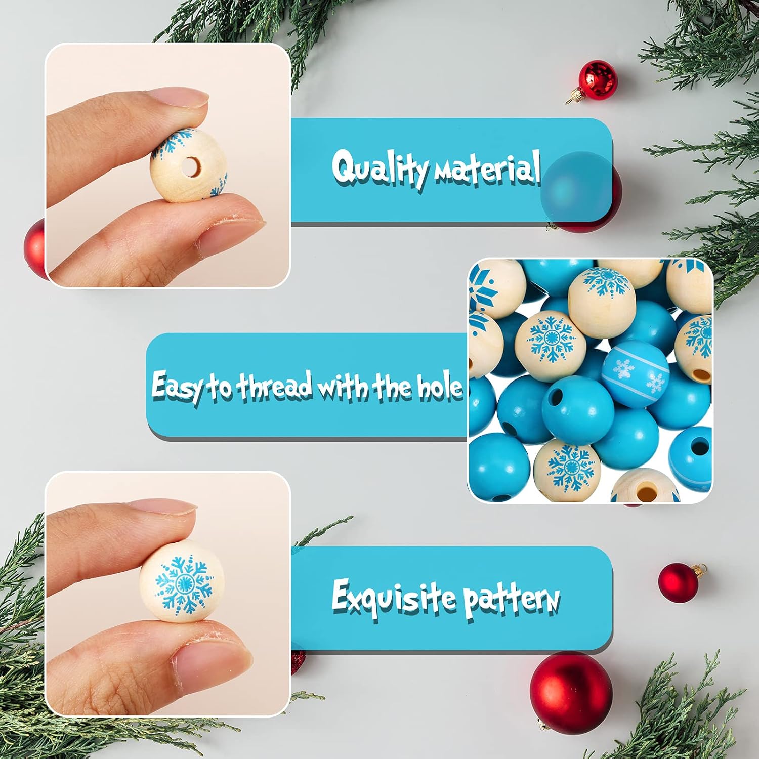 120 cuentas de madera de 0.6 pulgadas, cuentas de madera de Navidad, cuentas de madera natural, cuentas redondas de madera para manualidades con