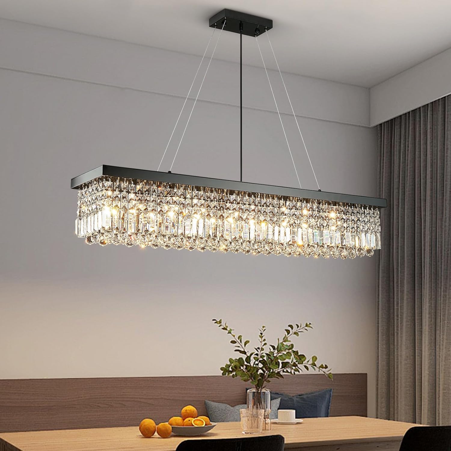 Moooni Lámpara rectangular para comedor, moderna lámpara rectangular de cristal negro para comedor, 10 luces, lámpara de araña de cristal ajustable