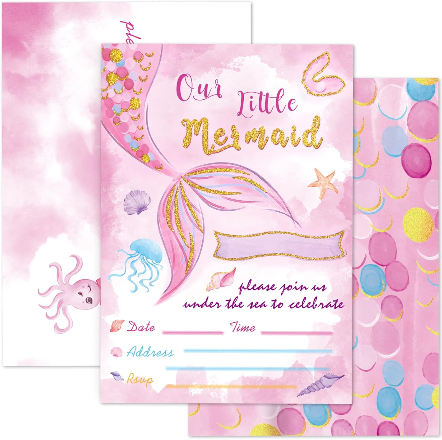 WERNNSAI Invitaciones de fiesta de sirena de acuarela, suministros de fiesta de sirena, paquete de 20 tarjetas de invitación de 5 x 7 pulgadas con