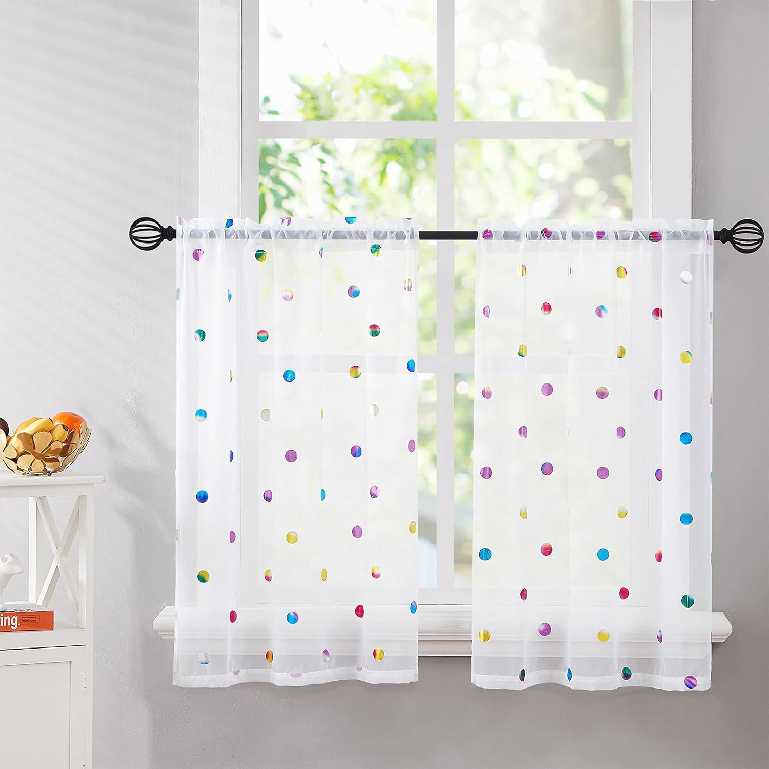 Urban Lotus Cortinas de cocina semitransparentes blancas para comedor de 45 pulgadas de largo, cortinas coloridas con estampado de lunares