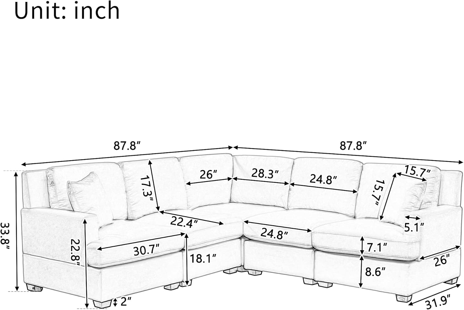 kevinplus Sofá modular modular de 88 pulgadas en forma de L para sala de estar, sofá esquinero moderno de 5 asientos con 2 cojines para apartamento,