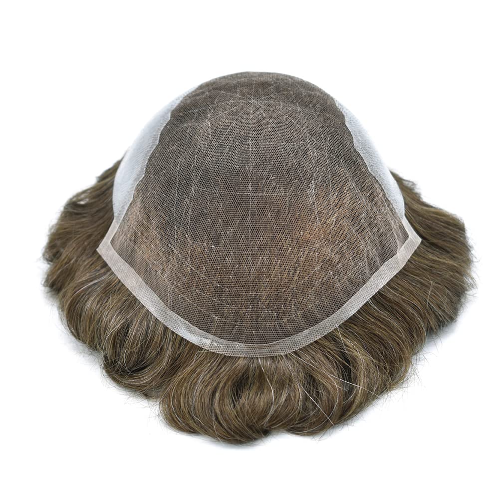 Pieza de cabello humano tipo tupé para hombre, sistema de cabello de encaje suizo suave, repuesto para hombres, nudo blanqueado, línea capilar