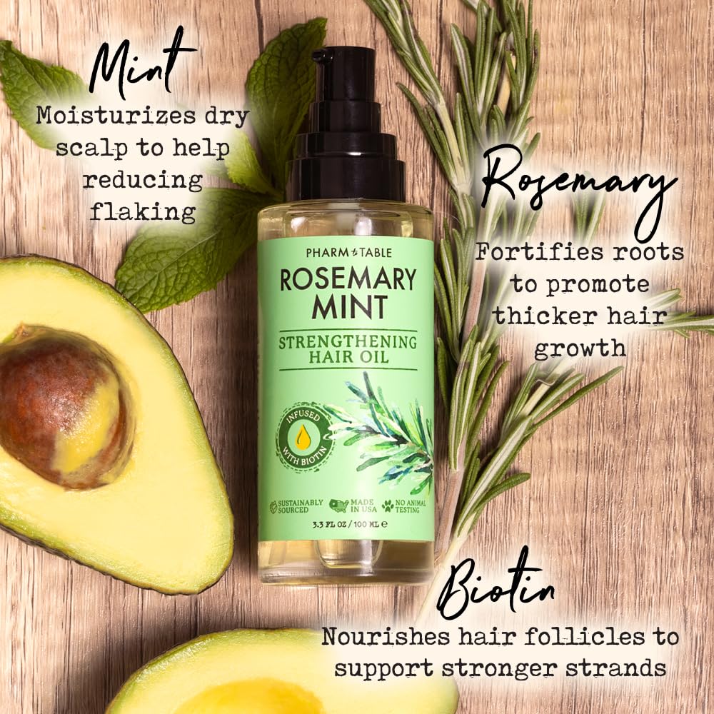 PHARM TO TABLE Aceite para el cabello de romero y menta, infundido con biotina, nutre el cuero cabelludo, estimula el crecimiento del cabello, 3.5