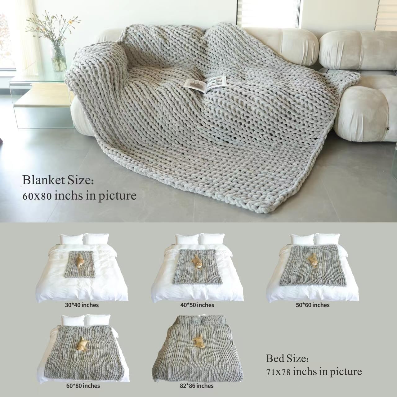 Manta de punto grueso de felpilla (60 x 80 pulgadas), hecha a mano, cálida y acogedora para sofá, cama, decoración del hogar, banco de vellón suave