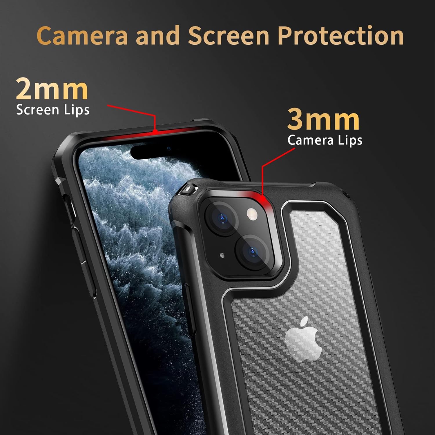 Tuerdan Funda para iPhone 14 Pro Max, a prueba de golpes de grado militar, parte trasera de fibra de carbono duro, marco de parachoques de TPU