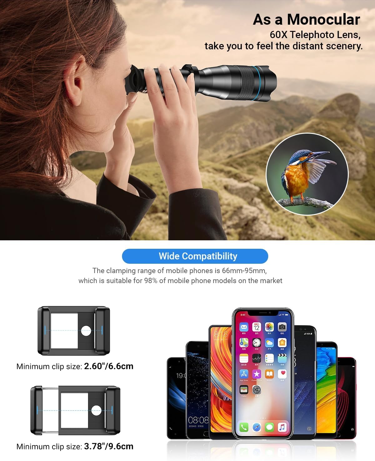 APEXEL Lente telefoto HD de alta potencia 60X, lente de teléfono celular móvil de alta potencia con trípode de extensión y control remoto